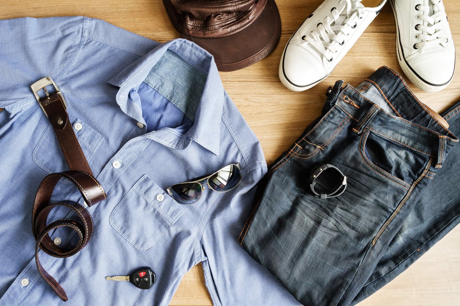Maximizing sales: proven strategies for retail ecommerce success. Flat Lay Of Men Casual Fashion Outfits On Wooden B P8XWEHX 1
